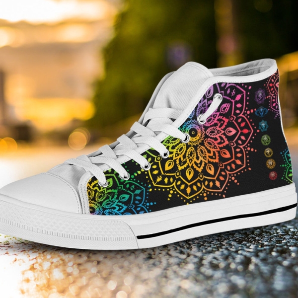 7 Chakras High Top Shoes Art, Footwear Chakra, Women's Shoes, White Black Chakra High Top Shoes, Graphic Design Shoes, Custom Hightops