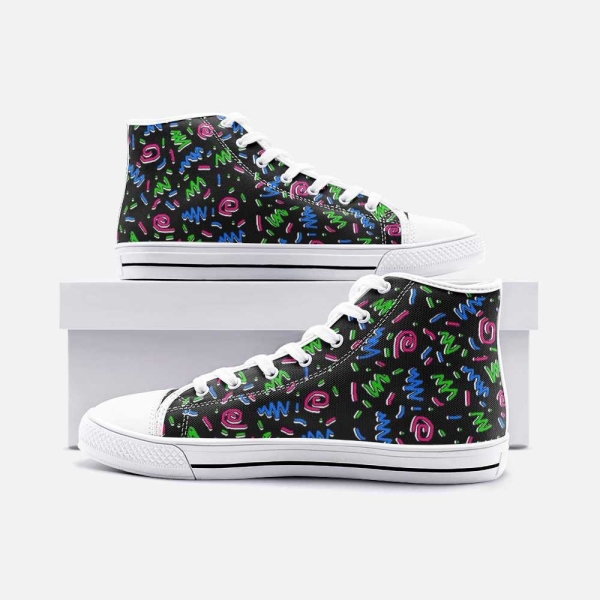 Retro 90's Memphis Street Art Style Confetti PARTY ON! Unisex High Top Canvas Shoes