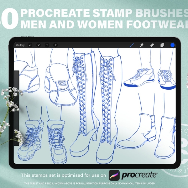 30 Procreate Stamps Brushes Of Men and Women Footwear. Procreate Shoes Stamps. Legs With Shoes Brushes. Sneakers, Heels and Boots Reference.