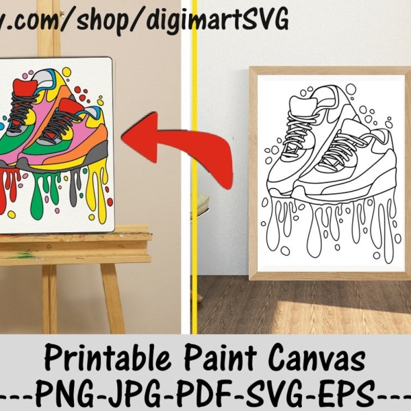 Sneakers Coloring Pages, Printable Paint Canvas, Woman svg, Dripping svg, Paint With A Twist, Paint Party, Adult Coloring Page,Paint & Sip