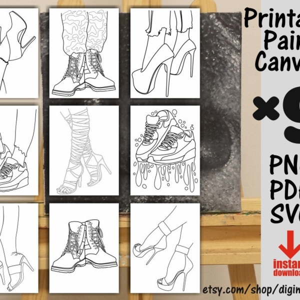 9x Shoes Coloring Pages Bundle, Sneakers svg, High Heels, Paint With A Twist, Paint Party, Adult Printable Coloring Page, Paint & Sip, Woman