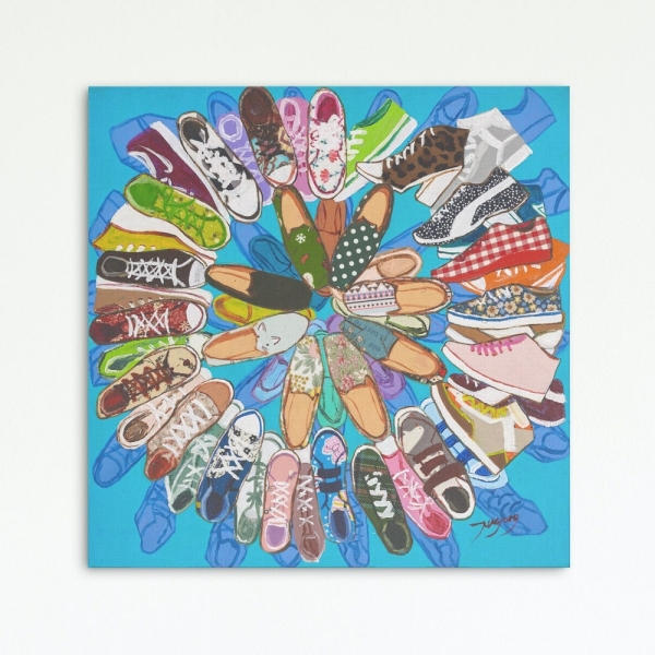 Shoes Collector | Healing shoes | Contemporary Art | Painting | acrylic on Canvas | Fabric collage | Modern Art | Wall Decor