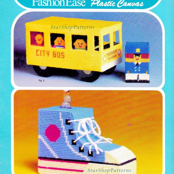 Vintage Plastic Canvas Pattern Book PDF • Toy Bus Plastic Canvas Pattern eBook • Easy Kids Boy Toys Craft Pattern • Shoe Cat Dog Baby Blocks