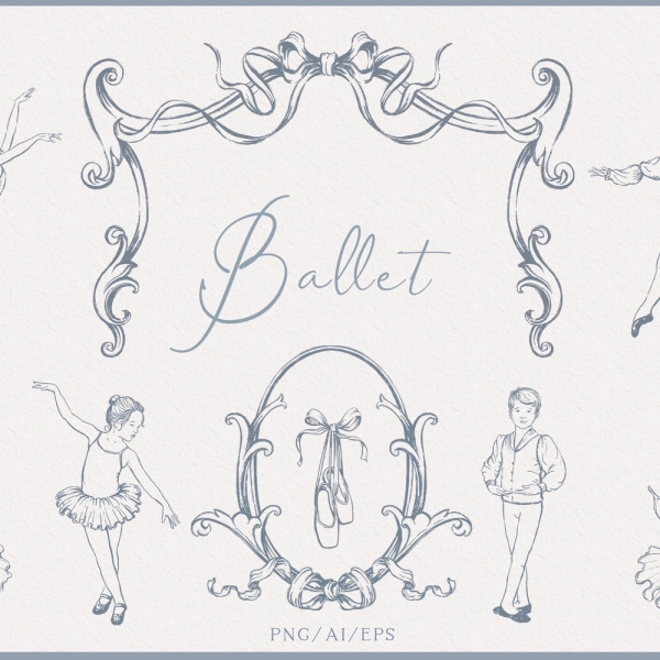 Baby Ballet clipart, Vintage bow crest, Ballerina, Balleron, Antique cameos, Pointe shoes, Ballet tutu, PNG, AI art, EPS, Instant download