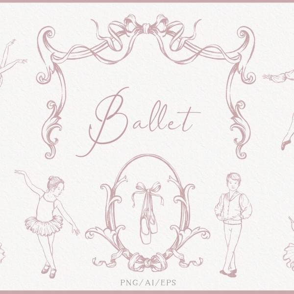 Baby Ballet pink clipart, Vintage bow crest, Ballerina, Balleron, Antique cameos, Pointe shoes, Ballet tutu, PNG, AI_EPS, Instant download