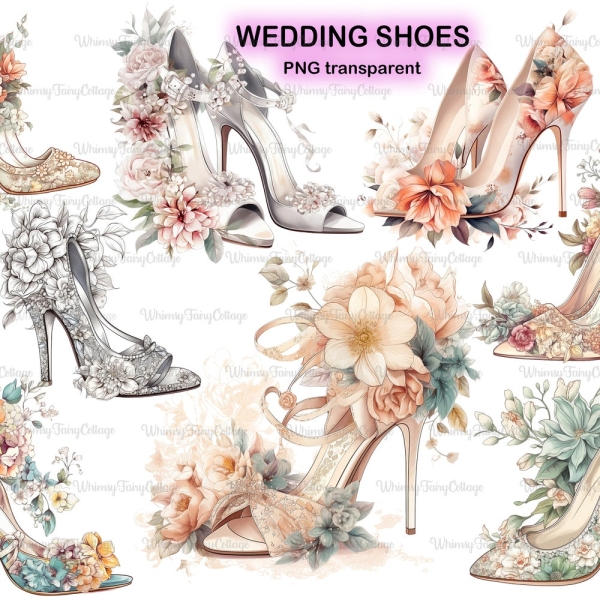 Wedding Shoes Clipart PNG Transparent, Floral Shoes PNG, Bridal High Heel Shoes Clipart, Bachelorette Party Card Border PNG, Flower Shoes