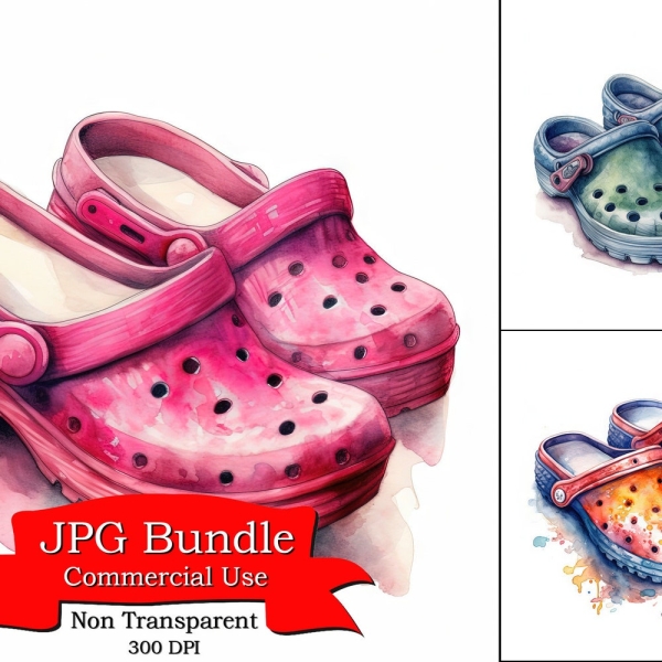 Kids Foam Shoes Clipart, Vibrant Watercolor Clipart, Digital Paper Crafting, Digital Planner, Apparel, Commercial Use, 300 DPI