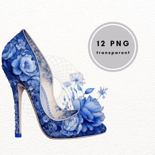 Prom Blue Shoes With Flowers, Watercolor Clipart PNG, Junk Journaling, Card Making Commercial Use, Instant Download, Fashion Clipart