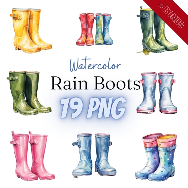 Watercolor Rain Boot Cliparts Bundle, PNG, 19 illustrations, rainboots, gum shoes, shoe, boot, 300dpi, transparent, digital, commercial use