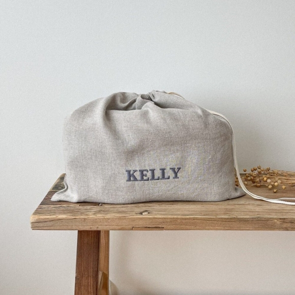 Personalized Shoe Bag, Natural Linen Shoe Bag, Custom Name Drawstring Bag in Beige