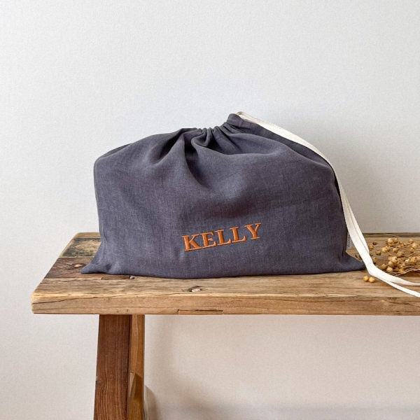 Personalized Dark Grey Linen Shoe Bag, Drawstring Shoe Bag, Lightweight Shoe Bag, Flax Bag Storage, Travel Shoes Bag, Natural Shoe Bag