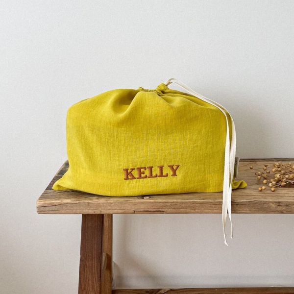 Personalized Yellow Linen Shoe Bag, Summer Drawstring Shoe Bag, Lightweight Shoe Bag, Flax Bag Storage, Chartreuse Linen Bag