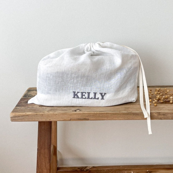 Drawstring Shoe Bag in Off White, Personalized Linen Shoe Bag, Flax Bag Storage