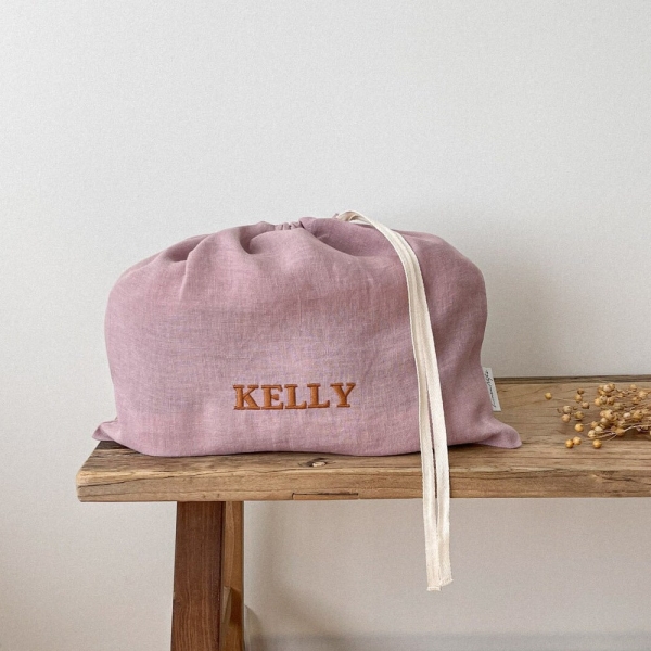 Dusty Rose Linen Shoe Bag, Light Pink Drawstring Shoe Bag, Girl Shoe Bag, Personalized Bag Storage