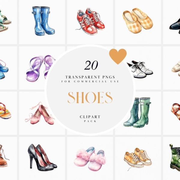 Watercolor Modern Shoes Clipart, Shoe Collection Clipart, Boots, Heels, Sneakers, Slippers, Sandals, Clipart, PNG format for Commercial Use