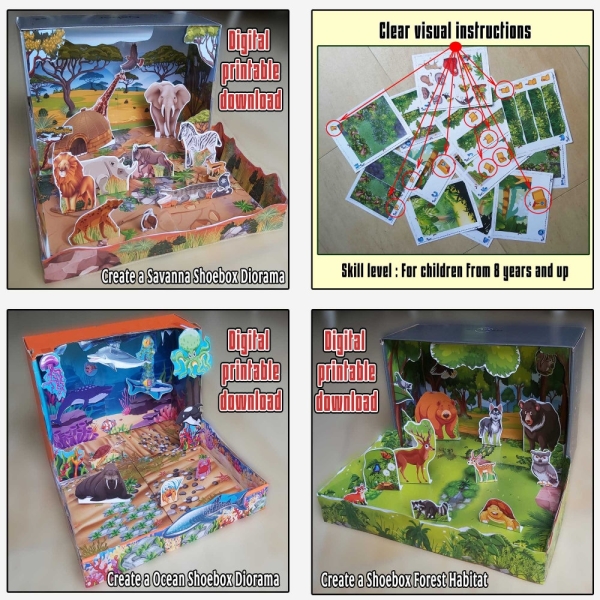 Printable Shoebox Diorama, Create a Savanna Habitat, Ocean Habitat, Forest and  Jungle, Animals included, Paper craft for kids, Bundle of 4