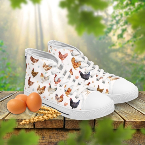 Women's Chicken High Top Sneakers, chicken gift, gift for chicken lover, chicken canvas shoes, chicken shoes, chickens, chicken farmer gift