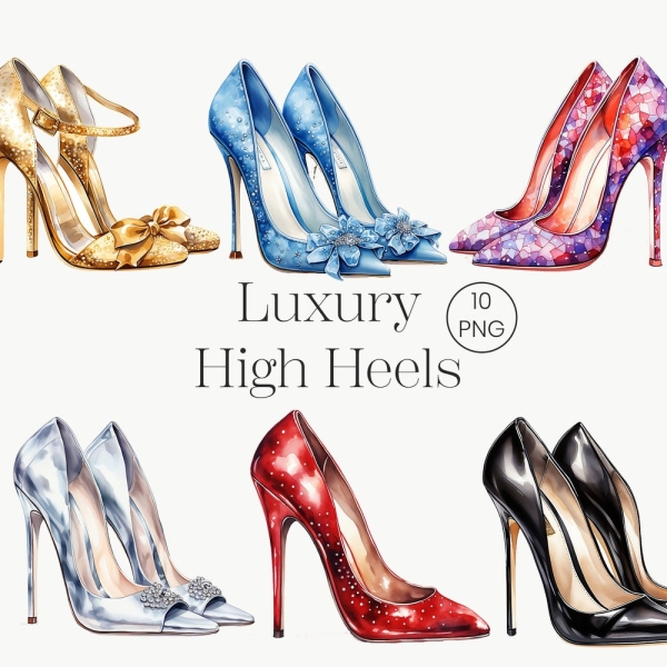 Watercolor Luxury Heels clipart | 10 PNG | Luxury Shoes Clipart Fashion Clipart Shoes Illustration, Printable Graphics Woman Heels Clipart