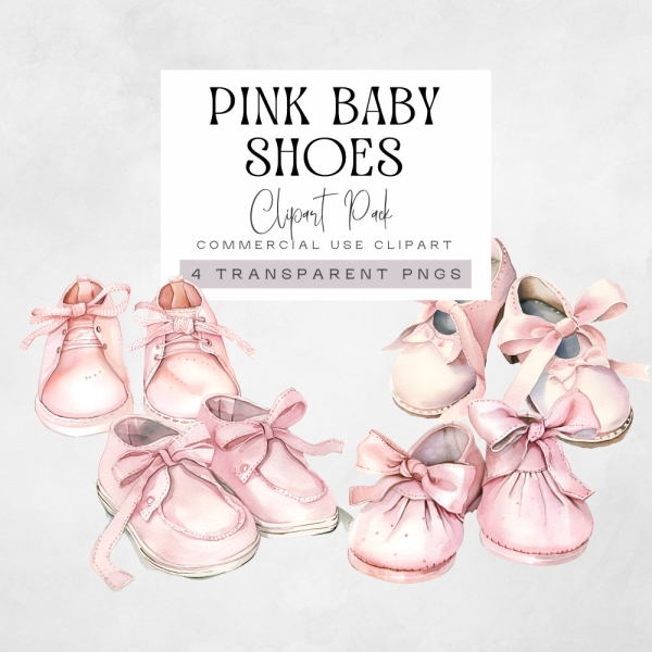 Baby Shoe Clipart, Pink Shoes Clip Art, Watercolor Baby Shower Graphics, Nursery pngs, Newborn Baby Girl Illustrations, Commerical License