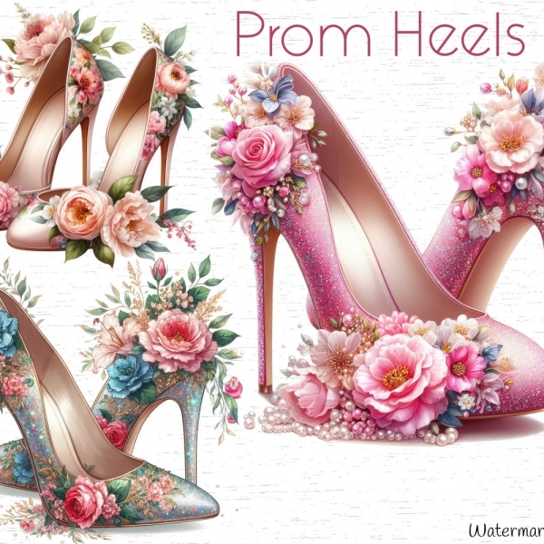 Floral Prom Shoes & High Heels Clipart Bundle  15 JPG - for Paper Crafts Floral High Heels Watercolor Clipart  Digital Download