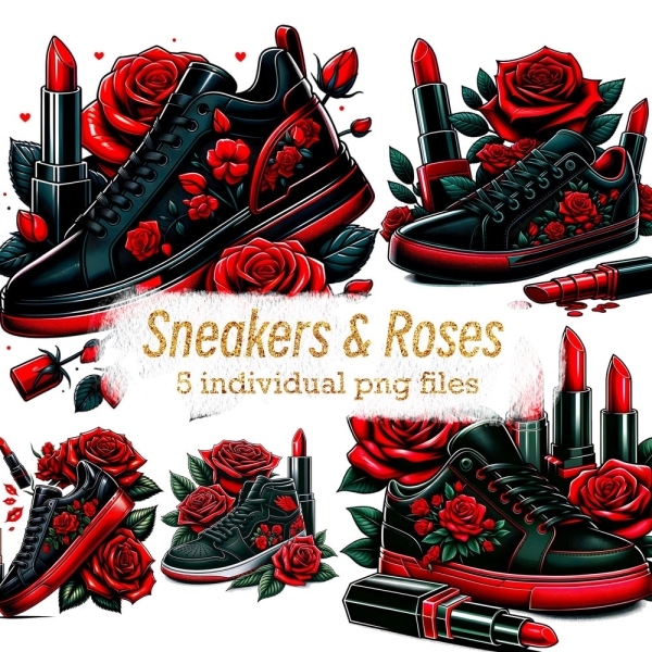 5 Fashion Sneakers Illustration, Sneakers and Roses, Black Fashion Clipart, Black Glam Sublimation, Lipstick, Roses, Shoes, Black Noir