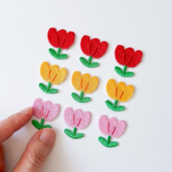 Set of Mini Tulip Flower Iron on Patches, Embroidered Applique for Canvas Shoes Bags, Decor for T-shirt Socks Jeans Denim, Gift DIY