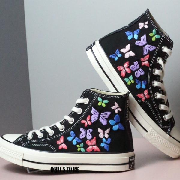 Custom embroidered butterfly sneakers/Converse high tops embroidery butterfly/ Gift for birthday shoes/ Personalized Hand Embroidered Shoes