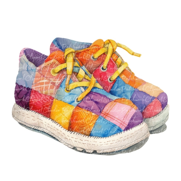 10 Kids' Shoes Clipart Bundle, PNG & JPG, Printable Patchwork Shoe, Illustrations, Digital Download, Scrapbook Crafting, Quilt Image