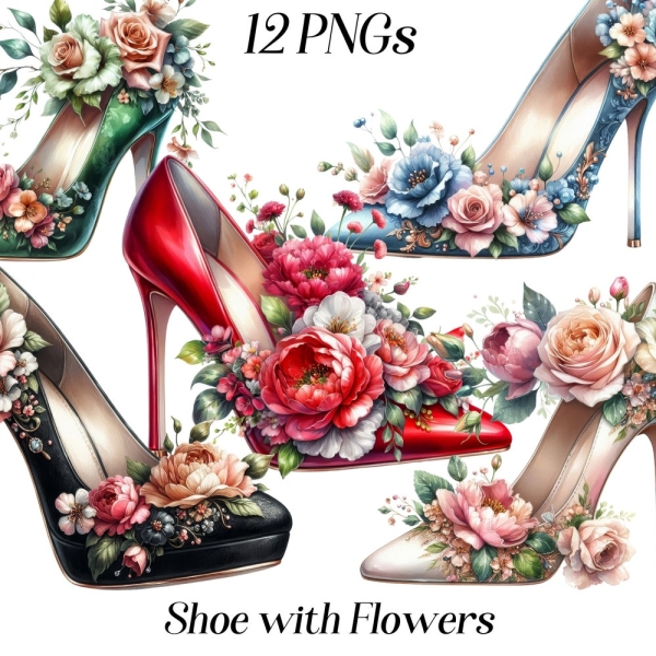 Floral shoe clipart, watercolor high heels clip art, png, flowers, wedding stiletto, fashion graphics, digital illustration, printable