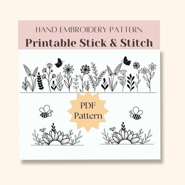 Stick and stitch printable, PDF embroidery on denim jacket, sunflower canva shoes, wildflower hand embroidery pattern, DIY mother day gift