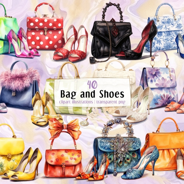 Bag and Shoes illustrations. Fashionable bags & matching shoe set, feminine fashion accessories, colorful paired items, heels | PNG clip art