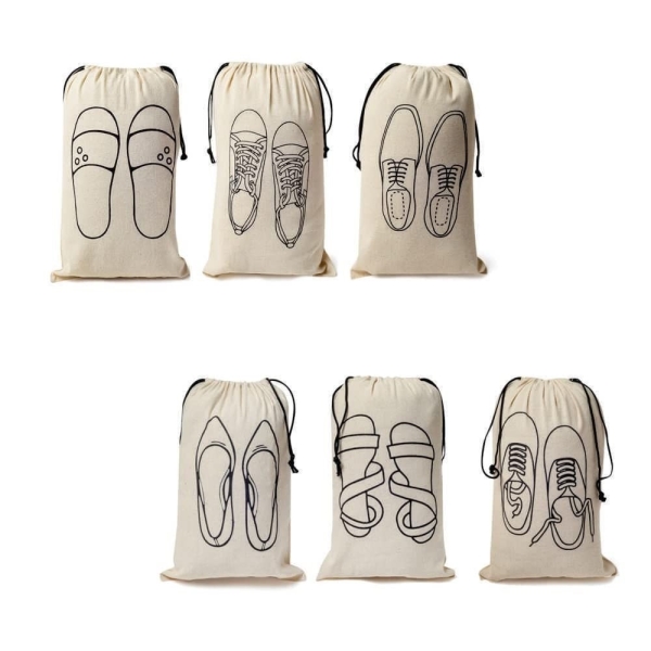 Eco Friendly Cotton Fabric Shoe Covers with Drawstring Closure, Handcrafted Doodle Collection, Ideal for Travel, Home and Storage,  Lot of 6