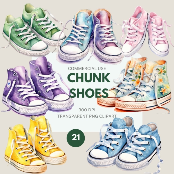 Chunk Shoes Clipart Pack, High Top Sneakers, Converse Sneakers PNG,  All Star Sneakers Watercolor Trainers, Commercial Use, Transparent PNG