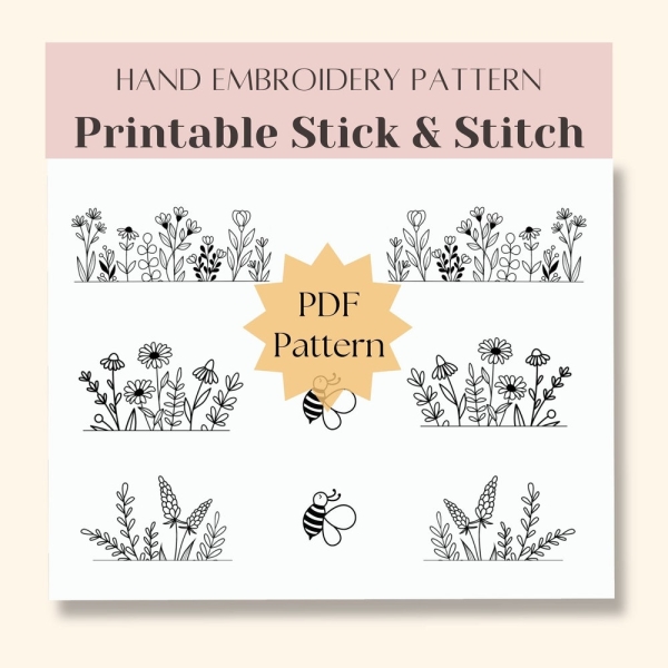 Printable stick and stitch, flower pair for canvas sneaker, PDF hand embroidery design, embroidery pattern on shoes, DIY handmade gift
