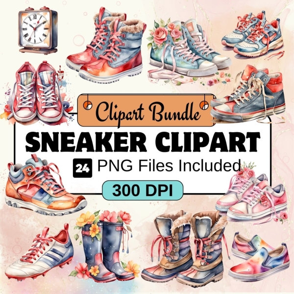 Sneaker clipart, Shoes Clipart PNG Bundle, 24 PNG Sneaker Clipart Bundle, Instant Digital Download, Commercial Use