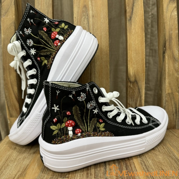 Custom Embroidered Move Platform Converse/ Mushrooms Embroidered Shoes/ Mushrooms Embroidered Shoes Custom/Mushrooms Embroidered Sneakers