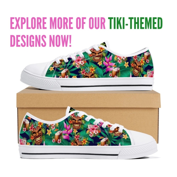 Women's Tiki Sneakers, Tiki Design Canvas Sneakers, All Over Print Shoes, Hawaiian Print Shoes, Tiki Masks, All Over Print Canvas Footwear