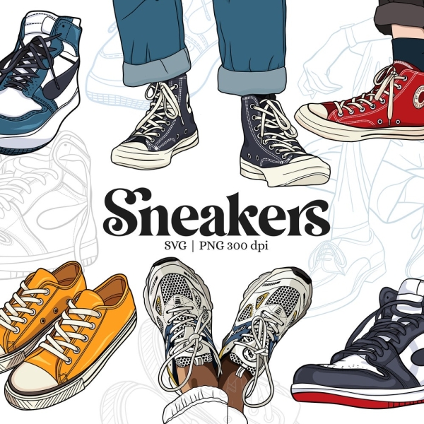 Sneakers SVG Bundle, Basketball PNG shoes, Running Walking Sports, Shoe illustration T-Shirt Design, Footwear  Fashion Clipart