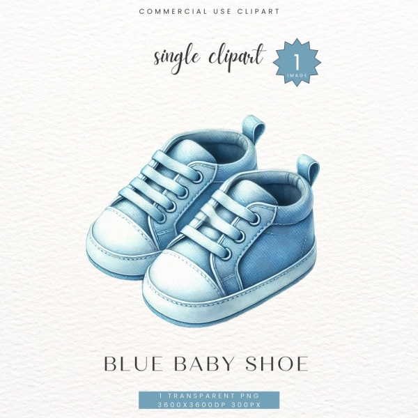 Blue Baby Shoe Clipart, Sneaker Babyshower Clip Art, Watercolor Download, Birth Announcement, Gender Reveal Party, Sublimation, PNG, SC-0193