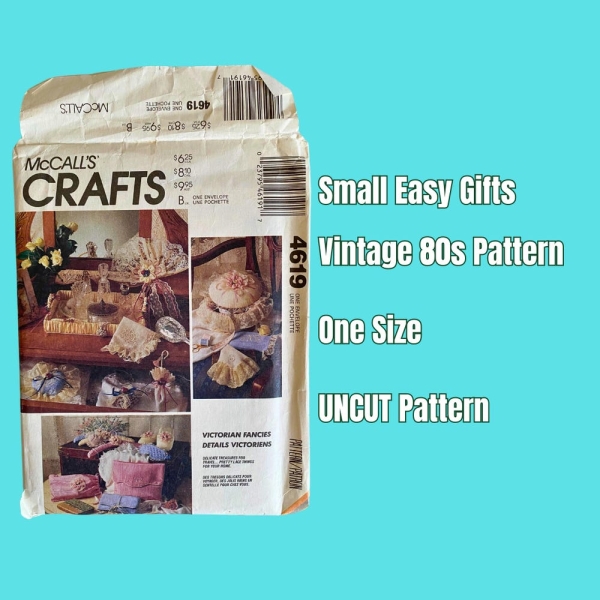 McCall’s 4619 Sewing Pattern, Lingerie Bag, Jewelry Roll, Shoe Bag, Slippers, Padded Hanger, Sleep Mask, Handkerchief, Eye Case, UNCUT ©1989