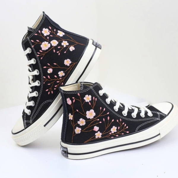 Custom Embroidered Converse Sneakers, Cherry Blossoms Shoes, Converse Shoes Chuck Taylor 1970s  Embroidered, Personalized Bridal Shoes
