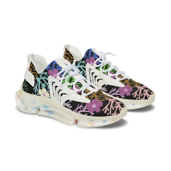 Floral Mesh Sneakers, Women's Flower Shoes, White Sole Sneakers, Floral Twigs Sneakers, Mesh Sneakers for Her, Stylish Floral Footwear