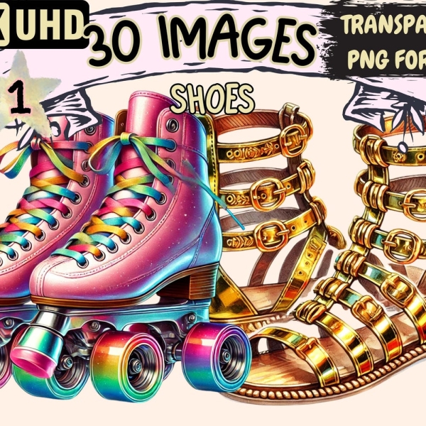 Shoes Clipart - 30 PNG Stylish Footwear Illustrations, Fashion Shoe Art, Instant Digital Download, Unlimited Commercial Use for Crafts