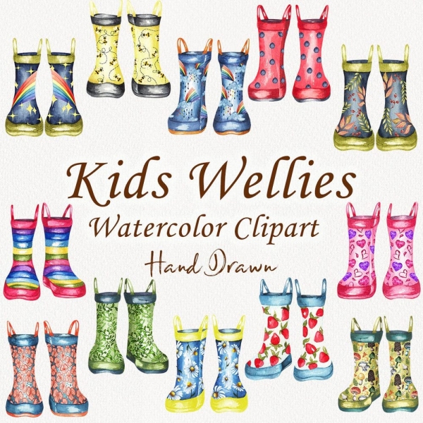Kids Wellington Boot clipart. Rain boots clipart. Watercolor Boots clip art. Umbrellas, Rubber Boots Clipart. Family Wellies Clipart. (FP)