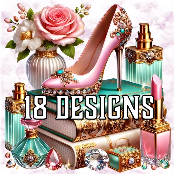 Green Pink Glam Shoe Clipart Bundle, 18 Mint High Heels and Floral PNG, Chic Fashion Designs, Grandmillenial Transparent Sublimation