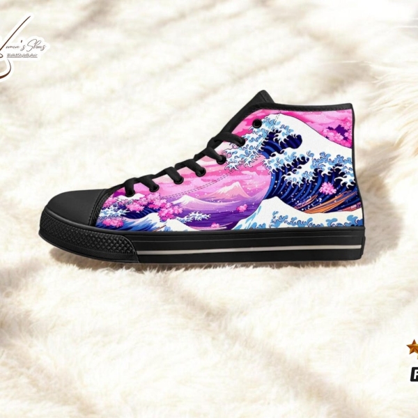 Print High Top Sneakers | The Great Wave Unisex | Canvas Shoes Custom | Casual for Men Women | Teens Unique Couple Footwear