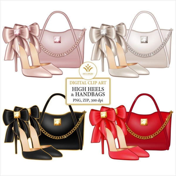 High heel & handbag digital clipart PNG file format. Ladies, girls, fashion clip art. Shoes with Coquette bow PNG. Instant download PNG zip