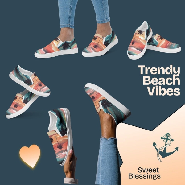 Tropical Sunset Slip-On Canvas Shoes Ladies Teens - Stylish Beach Outfit for Women - Summer Shoes for Beach Resort Wear Island Getaways