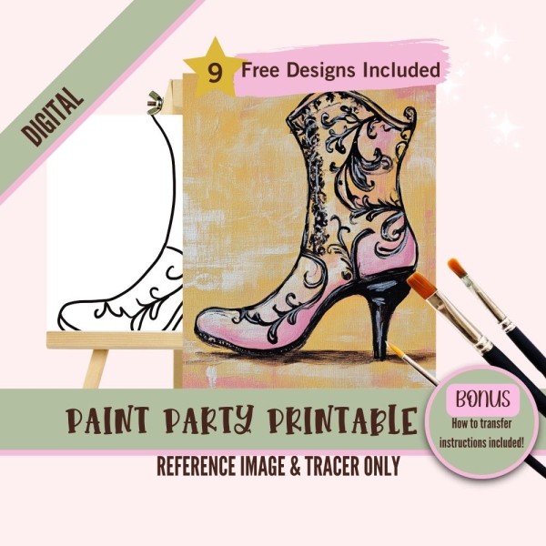 Rococo Boot Painting Template, Victorian Shoe Sip and Paint, DIY Art Stencil, Elegant Western Traceable, Vintage Decor Paint Party Printable