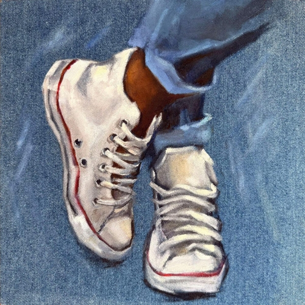 Fashion Shoes Painting Blue Jeans Canvas Original Art Teen Girl Room Impasto Oil Painting Still Life Textured Painting 12" by DianaPigniArt